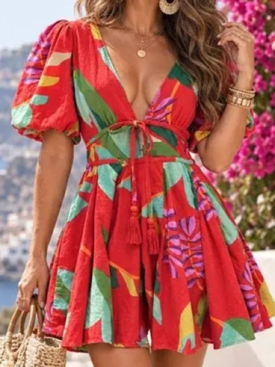 House of Harlow 1960 Dresses & Skirts - House of Harlow 1960 Red Tropical Tie-Front Puff Sleeve Mini Dress